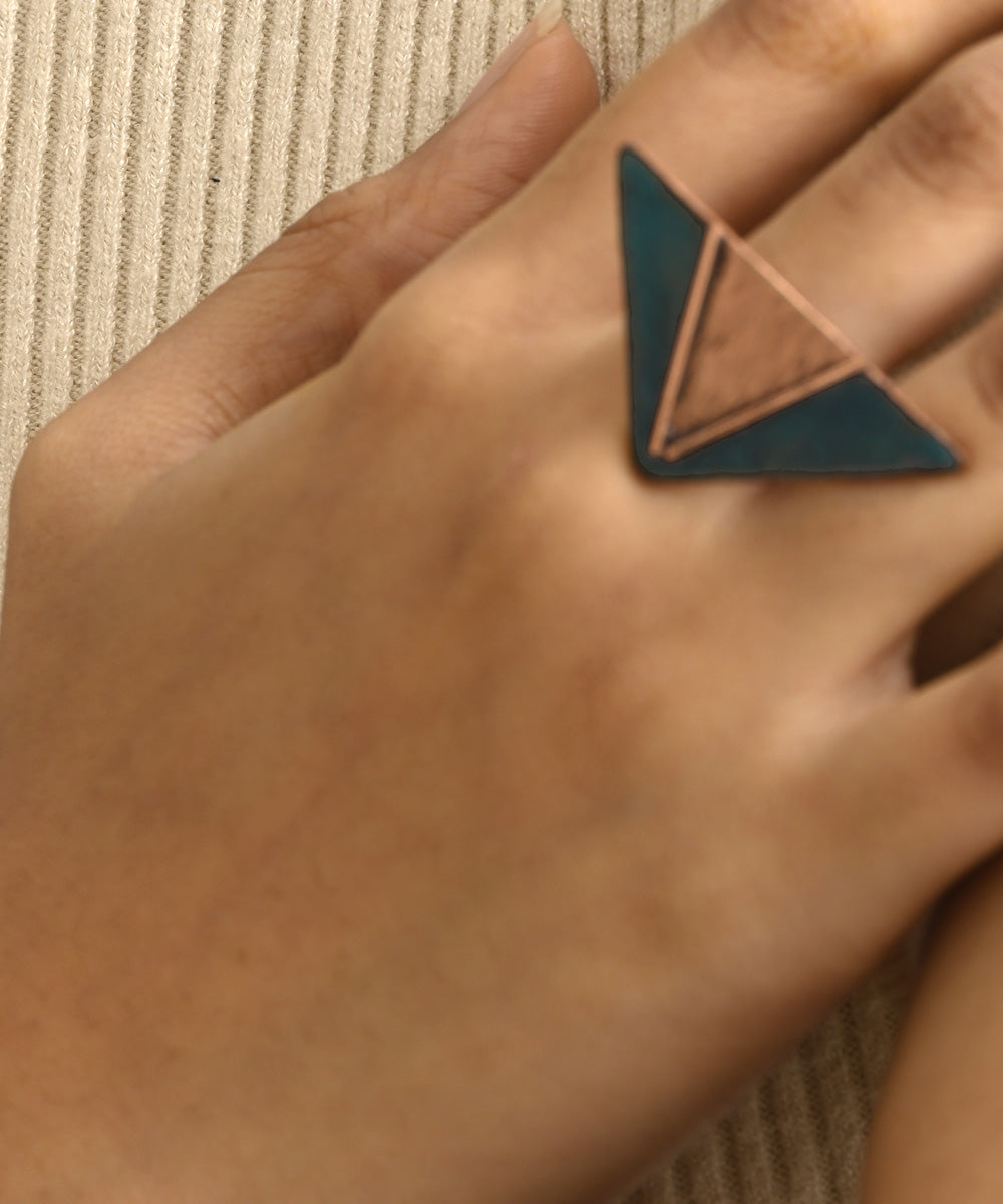 Blue triangle handcrafted copper enamel ring