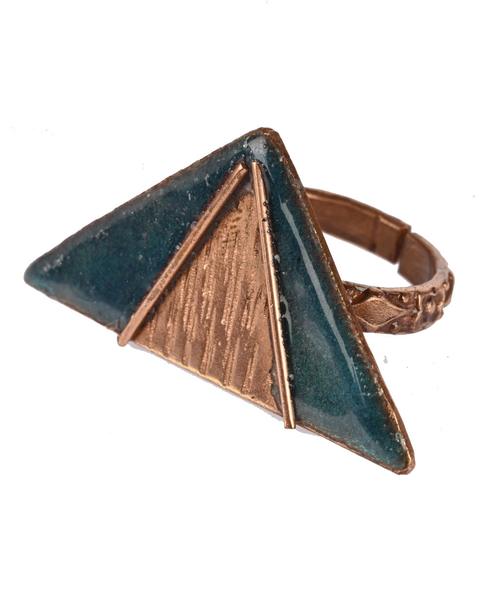 Blue triangle handcrafted copper enamel ring