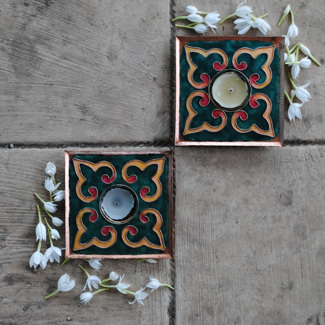 Dark green handcrafted square tealight holder set of 2