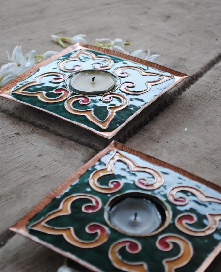Dark green handcrafted square tealight holder set of 2