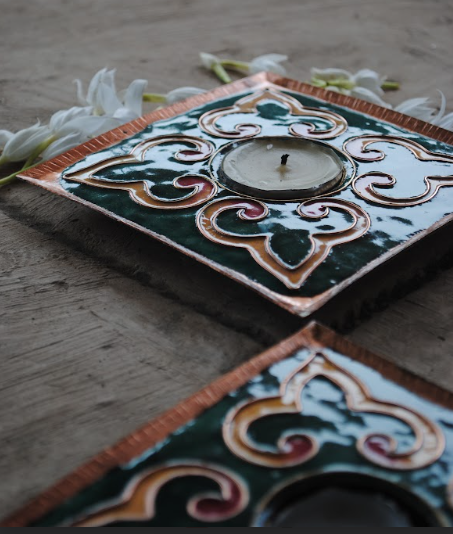 Dark green handcrafted square tealight holder set of 2