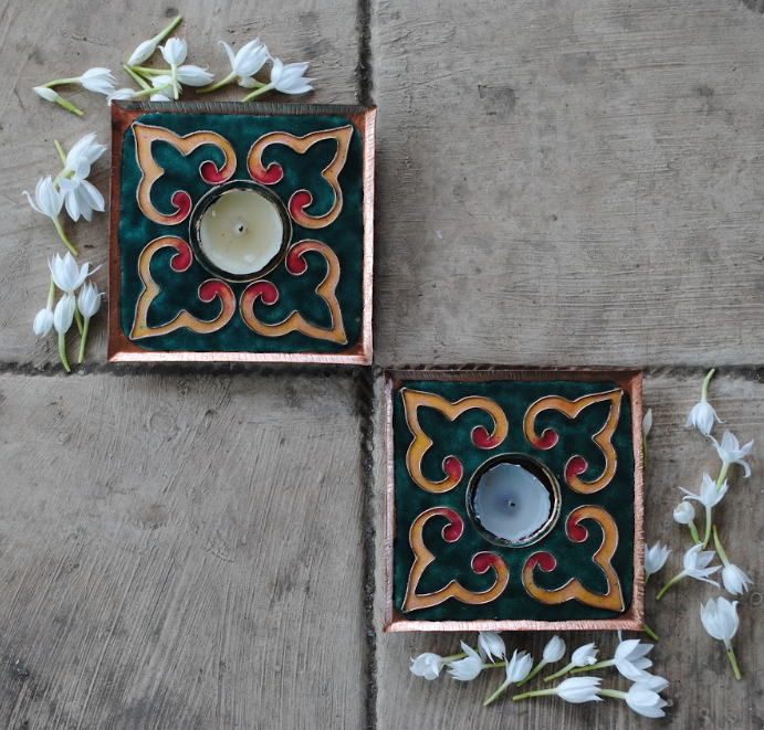 Dark green handcrafted square tealight holder set of 2