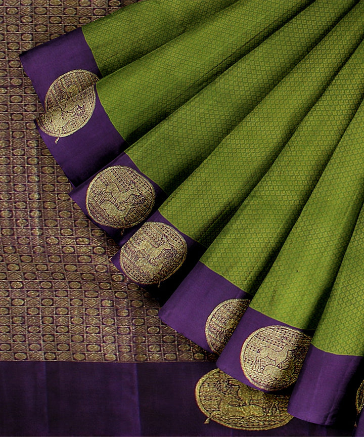 Cyan green purple golden pallu handloom kancheepuram silk saree