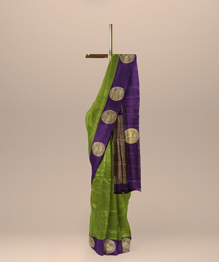 Cyan green purple golden pallu handloom kancheepuram silk saree