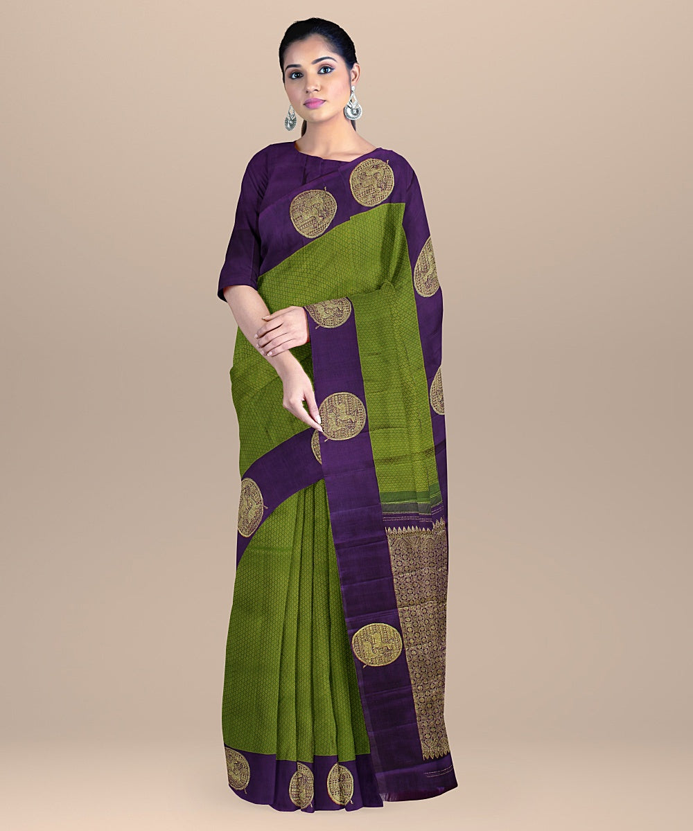 Cyan green purple golden pallu handloom kancheepuram silk saree