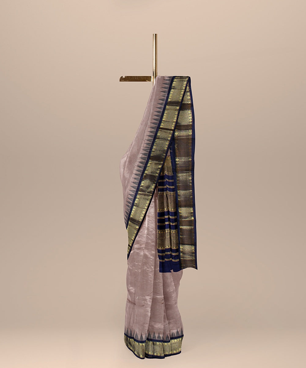 Grey small temple border golden pallu silk handloom kancheepuram saree