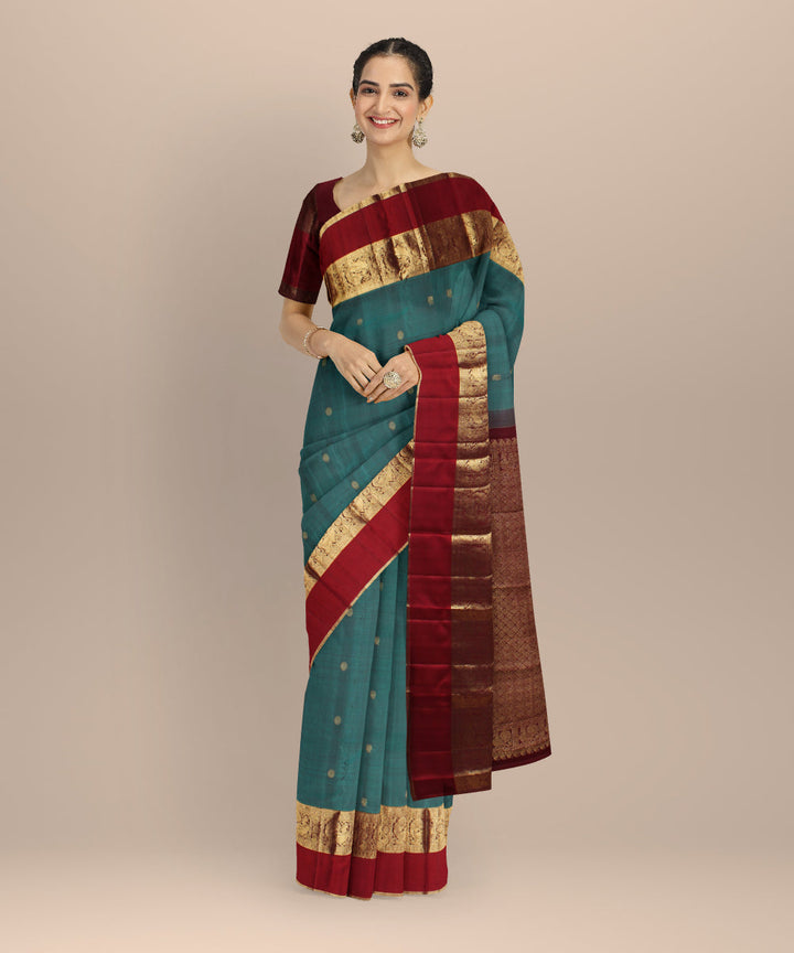 Cyan green red peacock motifs handwoven kancheepuram silk saree