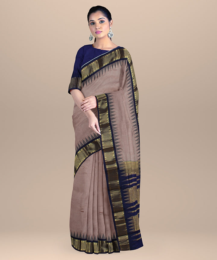 Grey small temple border golden pallu silk handloom kancheepuram saree