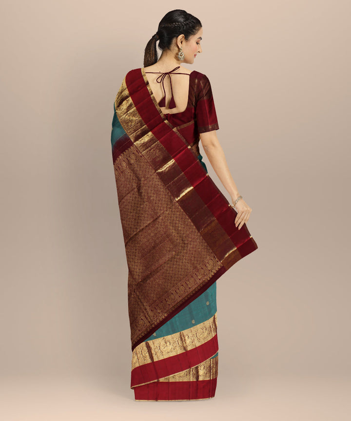 Cyan green red peacock motifs handwoven kancheepuram silk saree