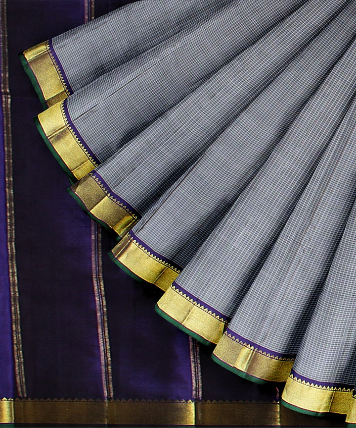 Grey small checks purple pallu silk handloom kancheepuram saree