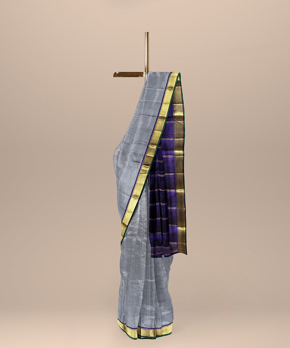 Grey small checks purple pallu silk handloom kancheepuram saree