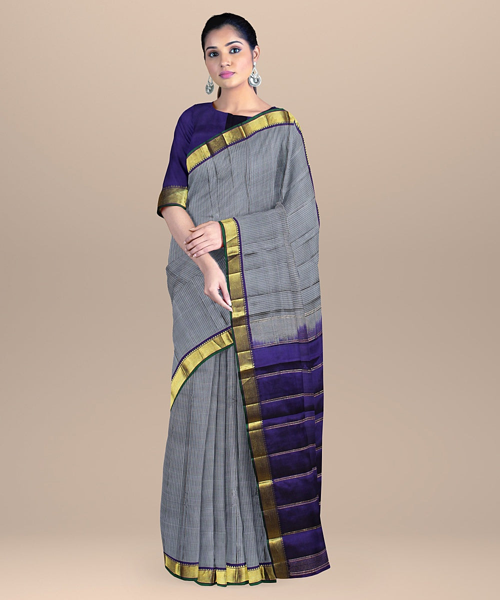 Grey small checks purple pallu silk handloom kancheepuram saree