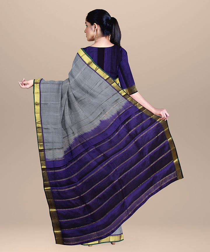 Grey small checks purple pallu silk handloom kancheepuram saree