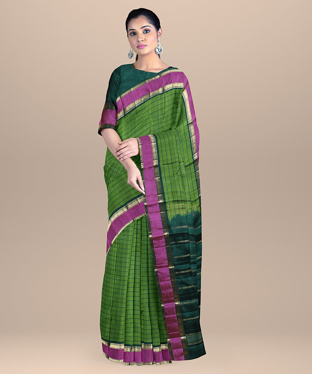 Lime green stripes green pallu silk handloom kancheepuram saree