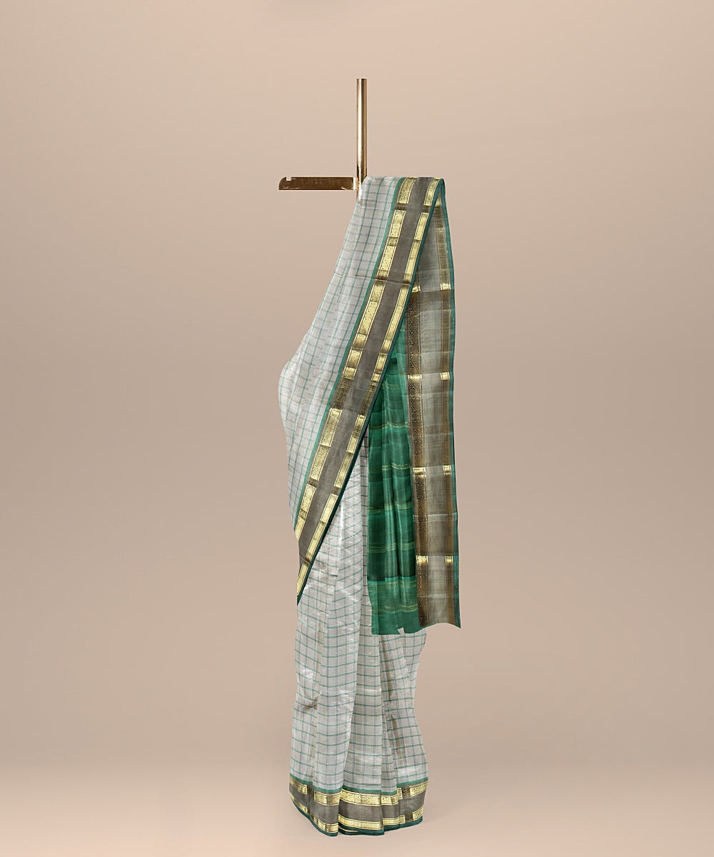 Cream checks teal green pallu silk handloom kancheepuram saree