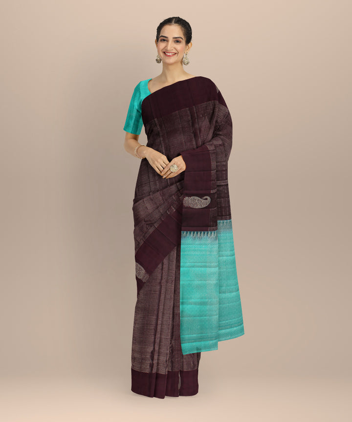 Cyan green red cream red checks body handwoven kancheepuram silk saree