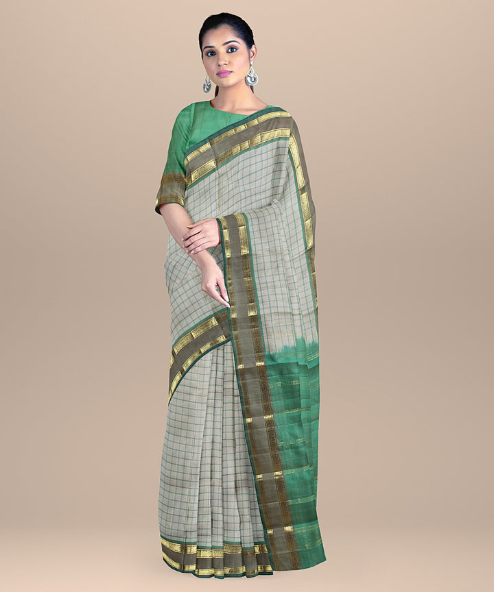 Cream checks teal green pallu silk handloom kancheepuram saree