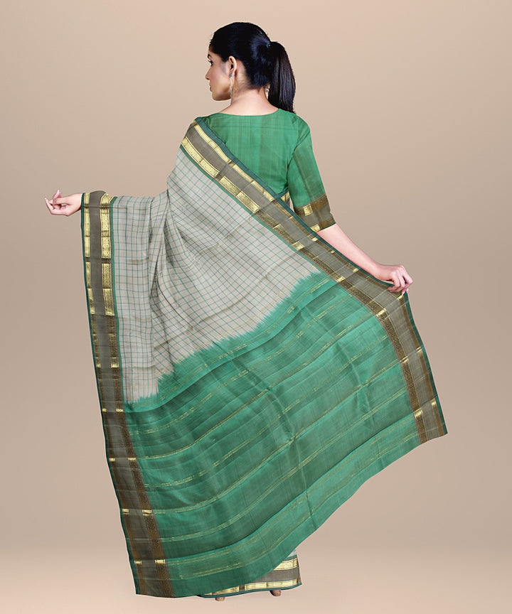 Cream checks teal green pallu silk handloom kancheepuram saree