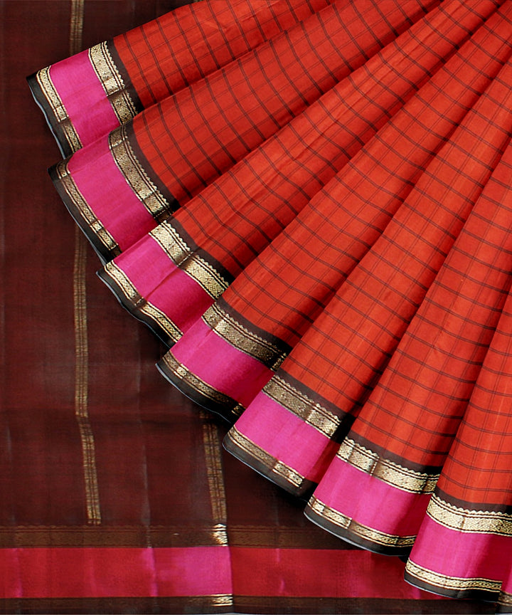 Orange checks maroon pallu silk handloom kancheepuram saree