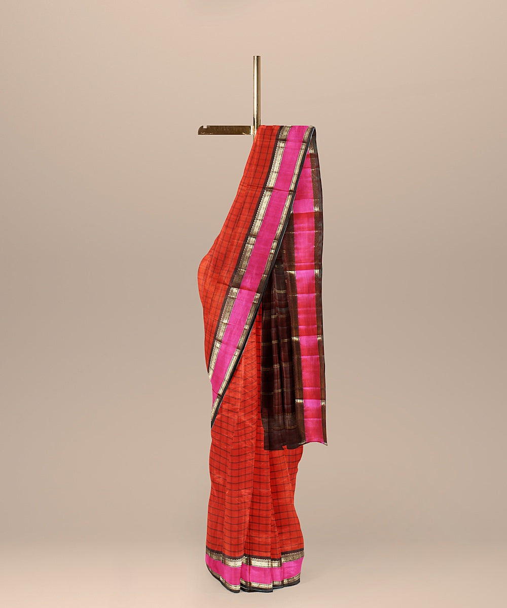 Orange checks maroon pallu silk handloom kancheepuram saree