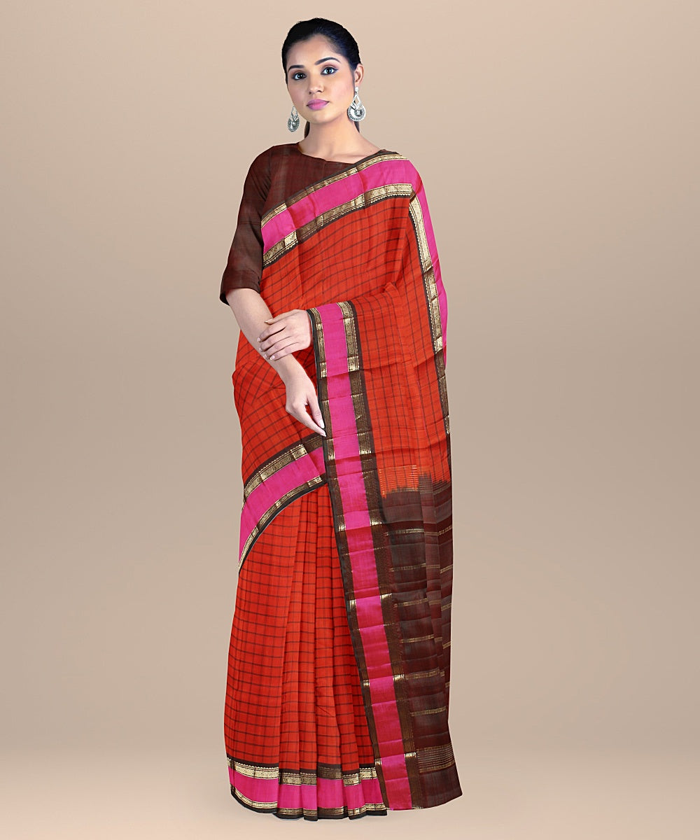 Orange checks maroon pallu silk handloom kancheepuram saree