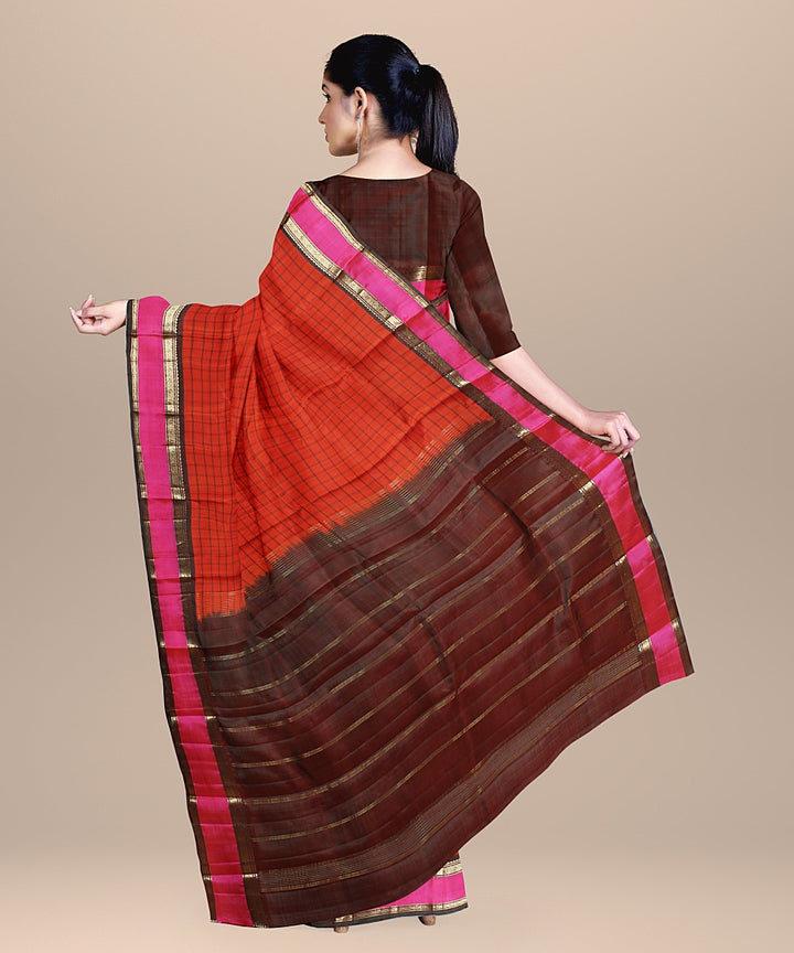 Orange checks maroon pallu silk handloom kancheepuram saree