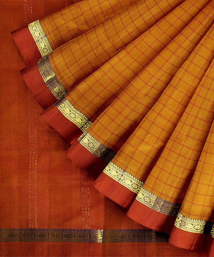 Orange checks rust pallu silk handloom kancheepuram saree