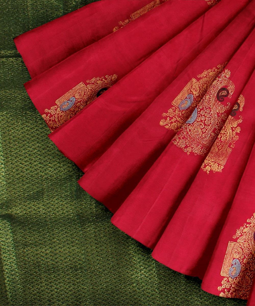 Cyan green red meenakari work handwoven kancheepuram silk saree