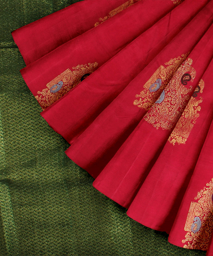 Cyan green red meenakari work handwoven kancheepuram silk saree