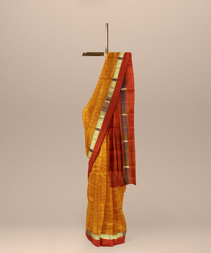 Orange checks rust pallu silk handloom kancheepuram saree