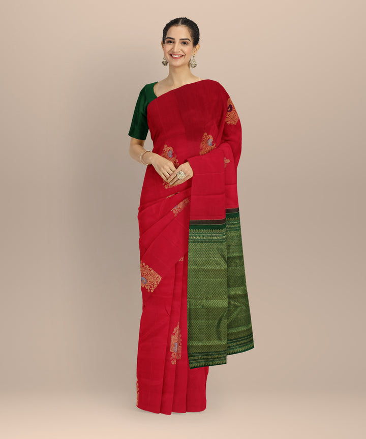 Cyan green red meenakari work handwoven kancheepuram silk saree