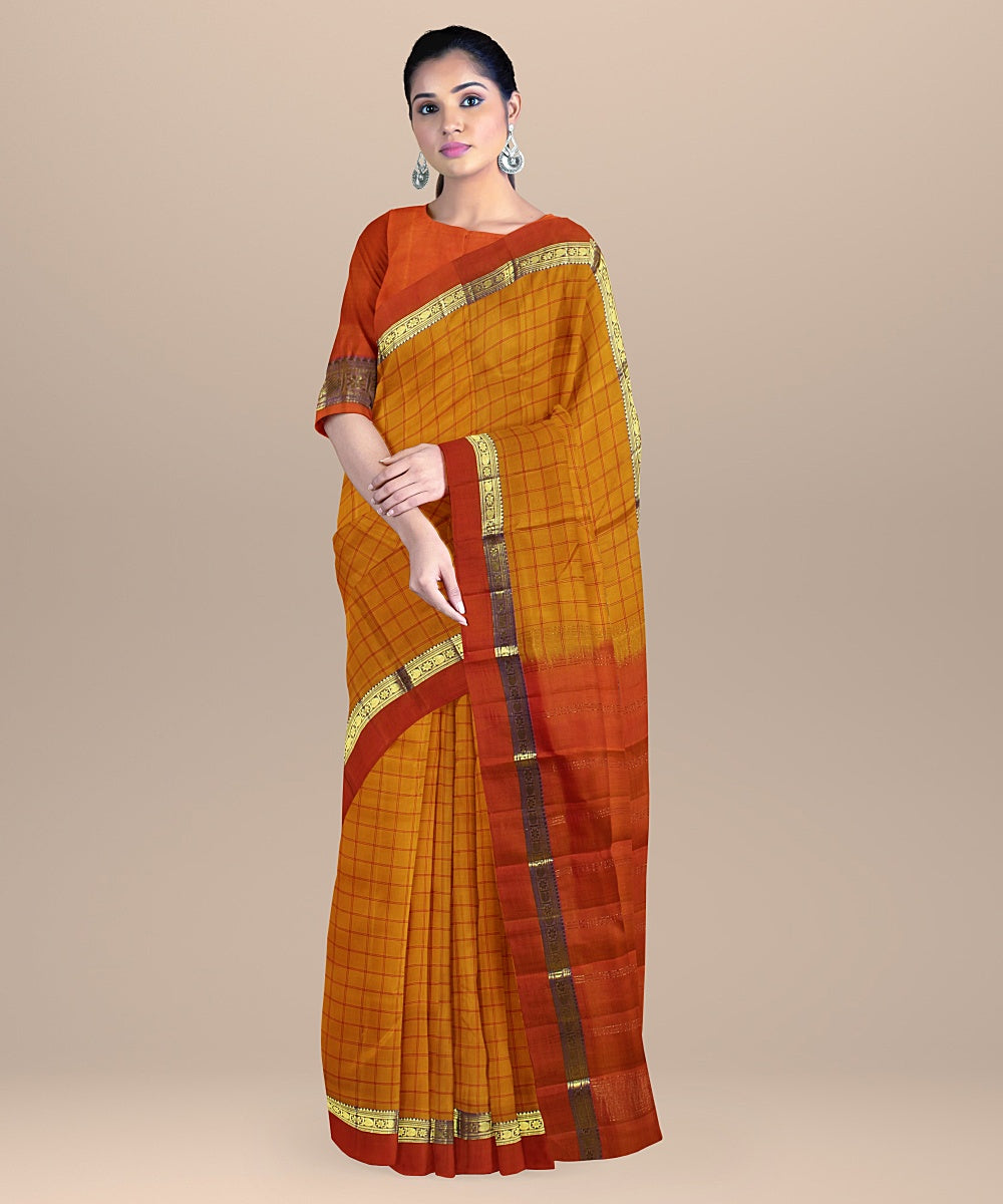 Orange checks rust pallu silk handloom kancheepuram saree