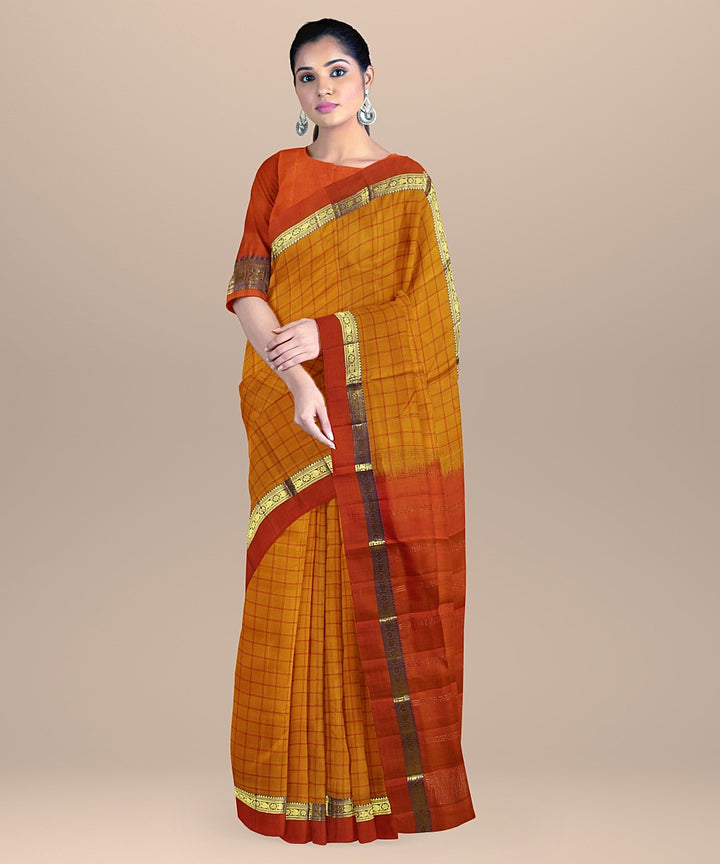 Orange checks rust pallu silk handloom kancheepuram saree