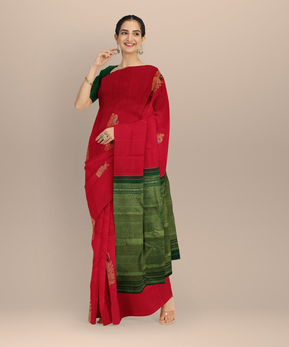 Cyan green red meenakari work handwoven kancheepuram silk saree