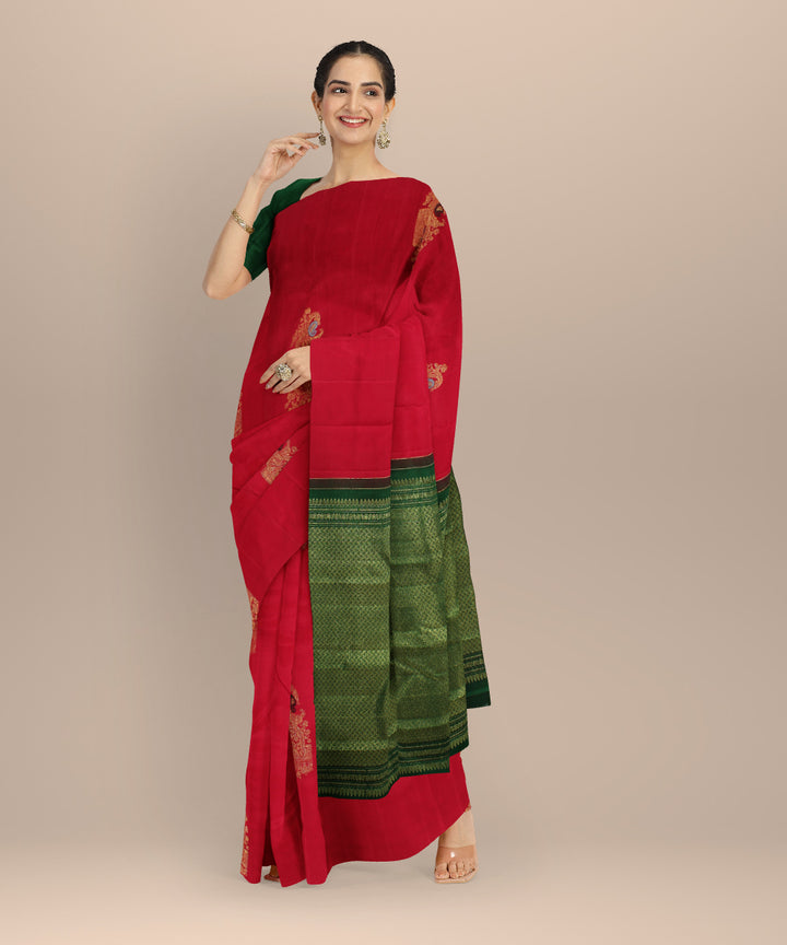 Cyan green red meenakari work handwoven kancheepuram silk saree