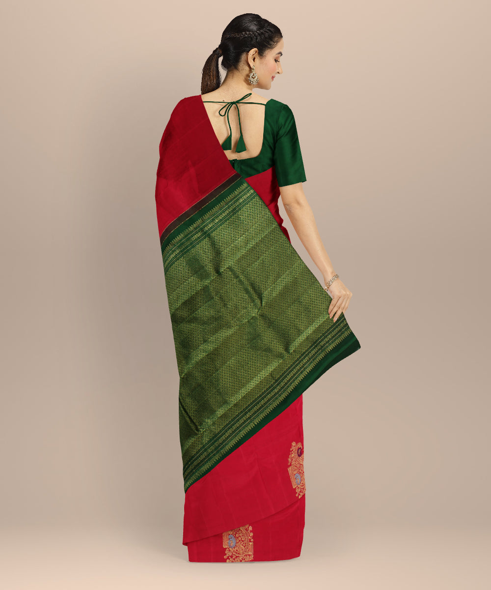 Cyan green red meenakari work handwoven kancheepuram silk saree