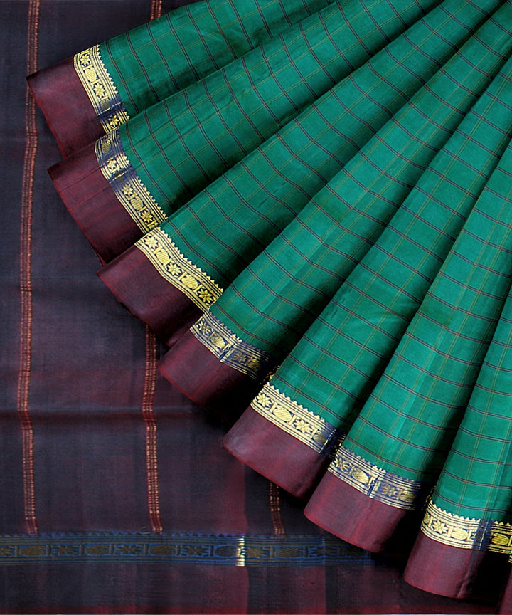 Cyan green check maroon pallu silk handloom kancheepuram saree