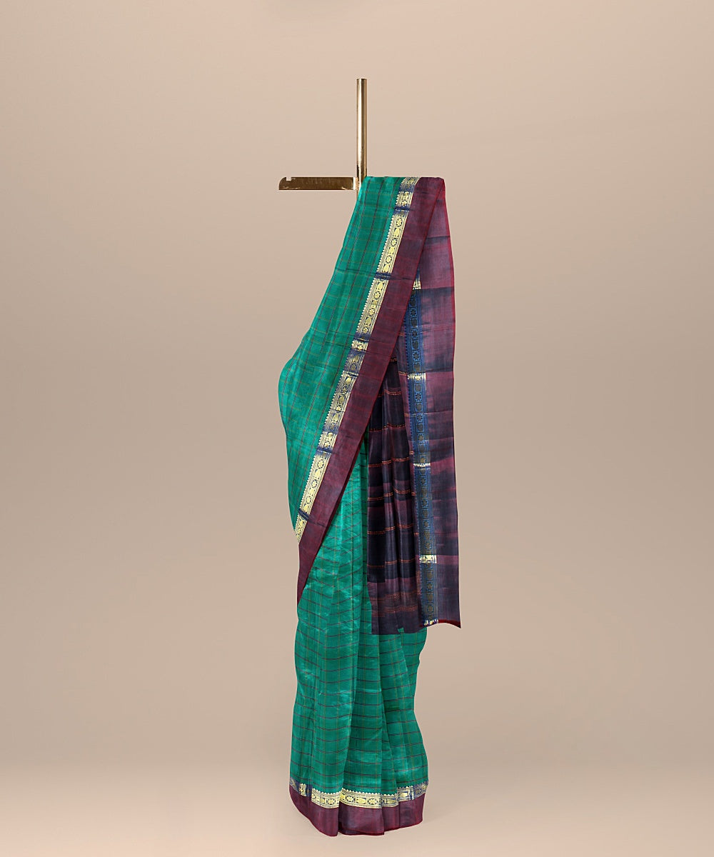 Cyan green check maroon pallu silk handloom kancheepuram saree