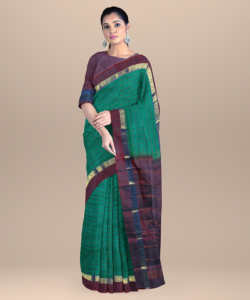 Cyan green check maroon pallu silk handloom kancheepuram saree