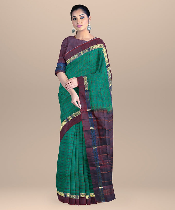 Cyan green check maroon pallu silk handloom kancheepuram saree