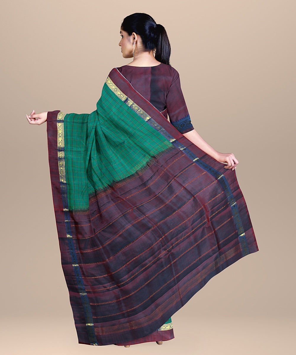 Cyan green check maroon pallu silk handloom kancheepuram saree