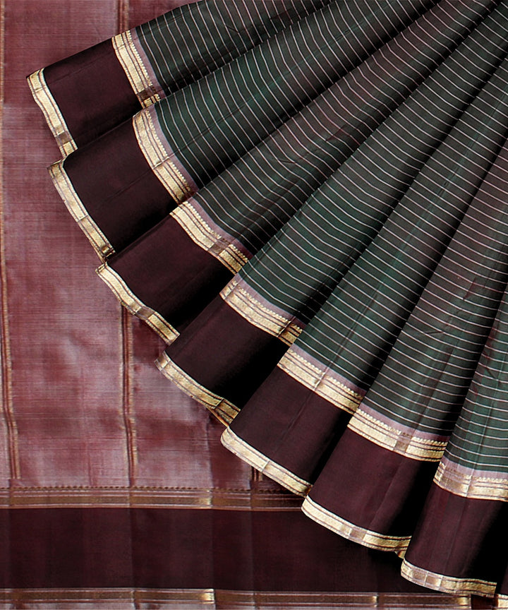 Cyan green stripes mauve pallu silk handloom kancheepuram saree