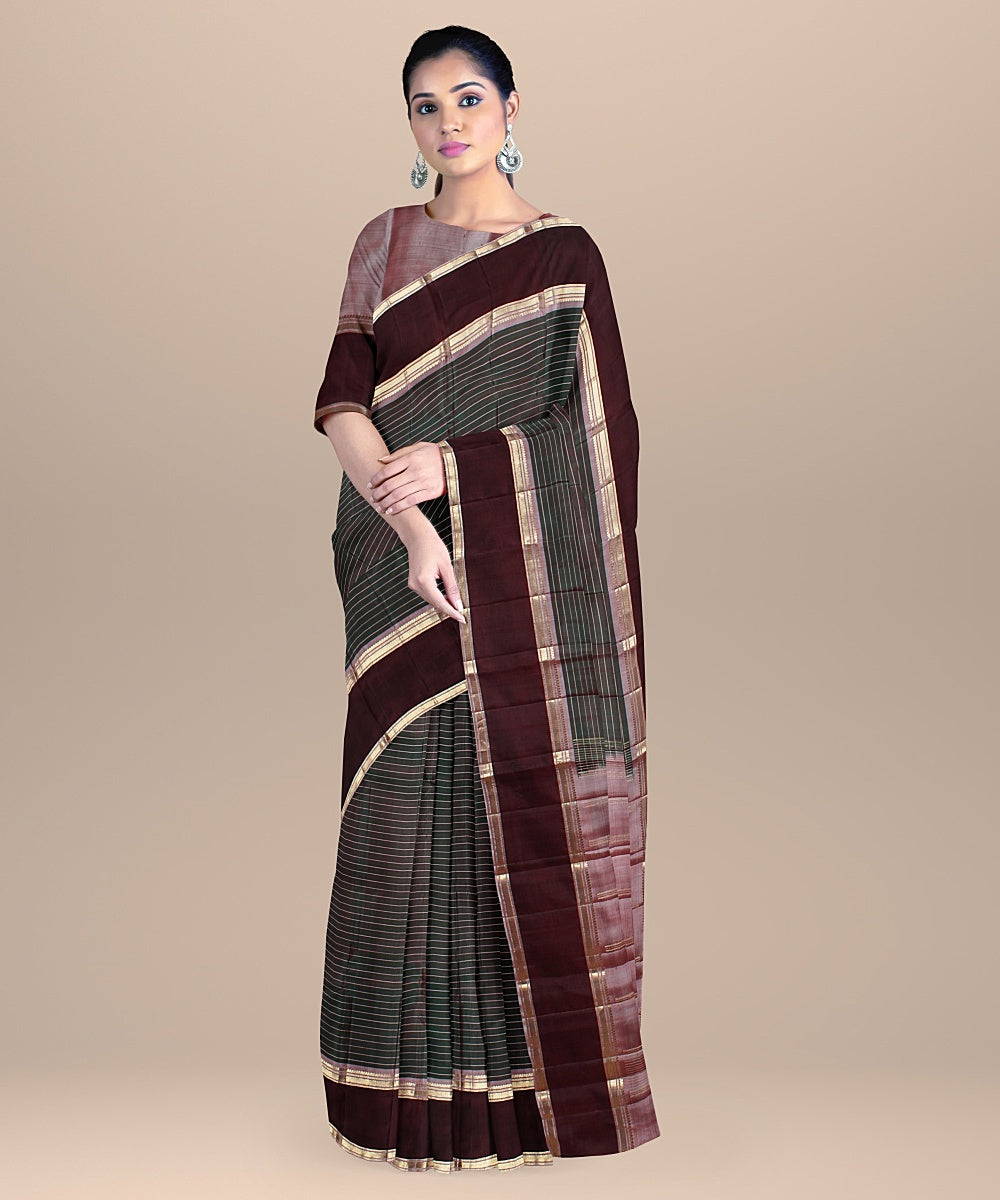 Cyan green stripes mauve pallu silk handloom kancheepuram saree