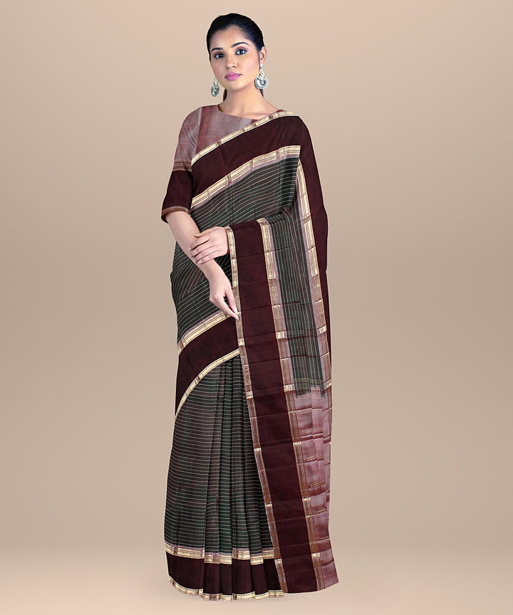 Cyan green stripes mauve pallu silk handloom kancheepuram saree