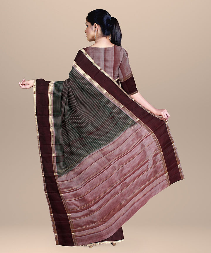 Cyan green stripes mauve pallu silk handloom kancheepuram saree