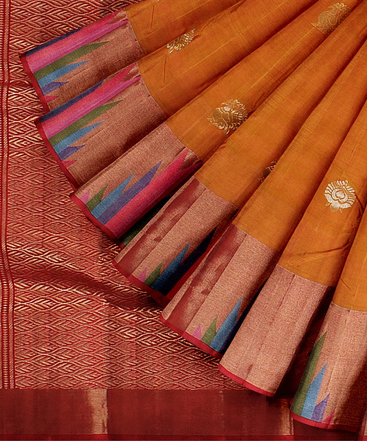 Orange temple border golden pallu silk handloom kancheepuram saree