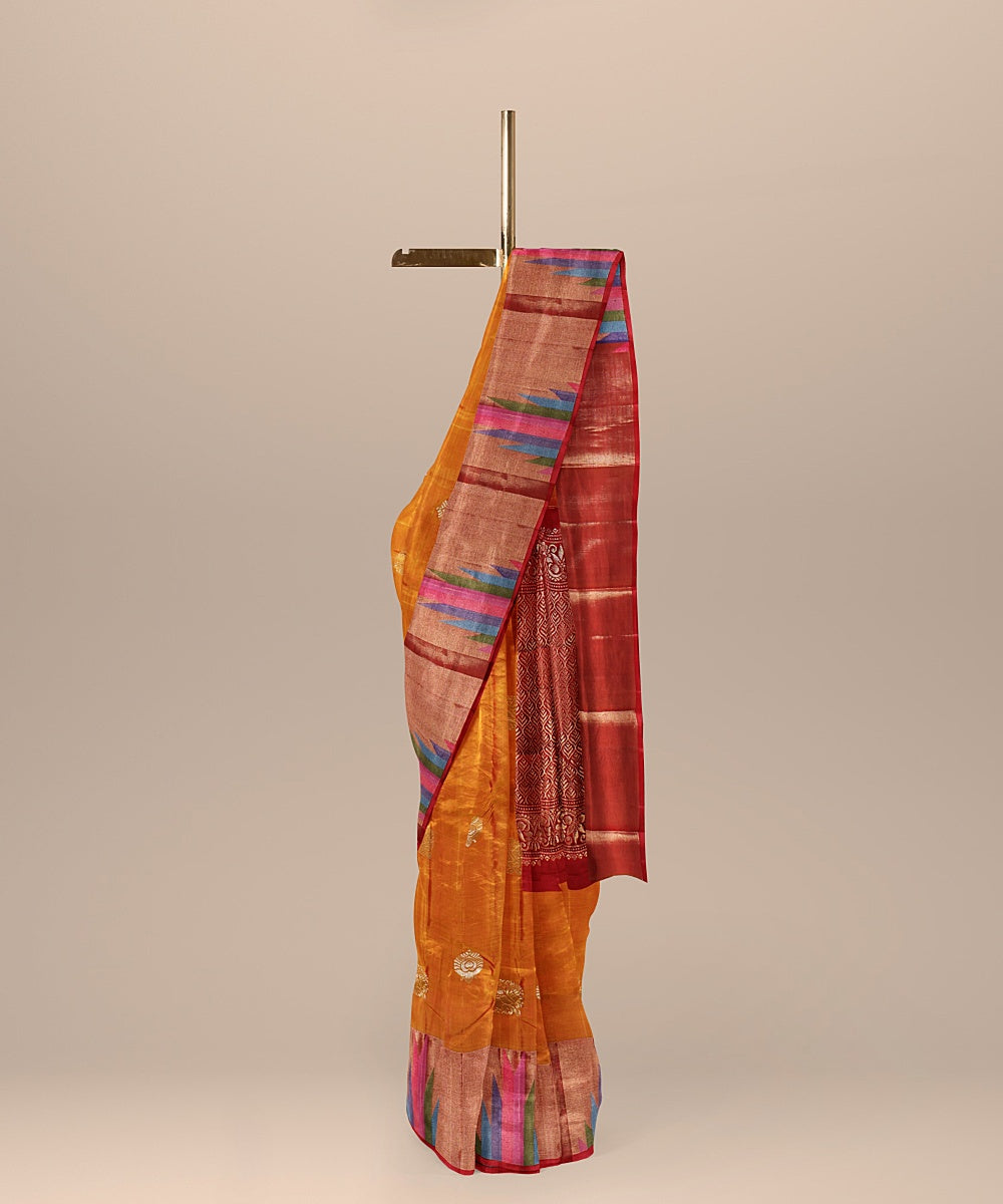 Orange temple border golden pallu silk handloom kancheepuram saree