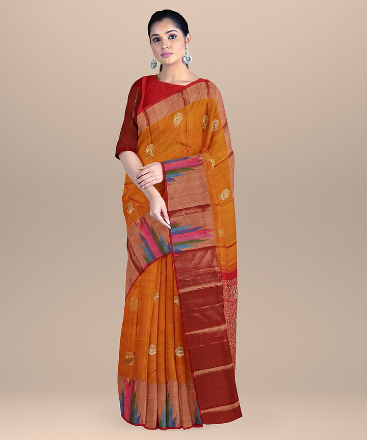 Orange temple border golden pallu silk handloom kancheepuram saree