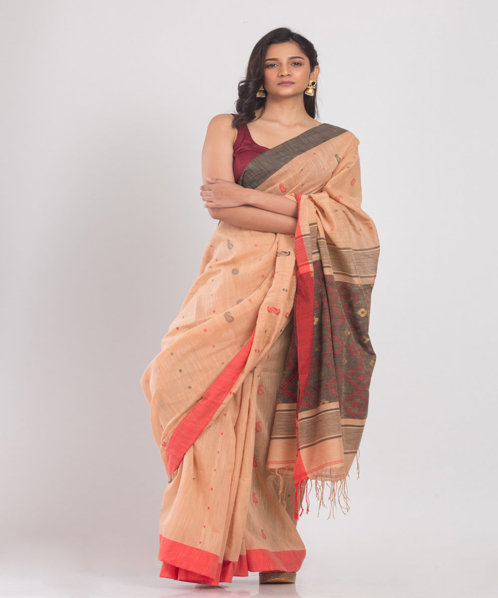 Orange peach handwoven cotton sari