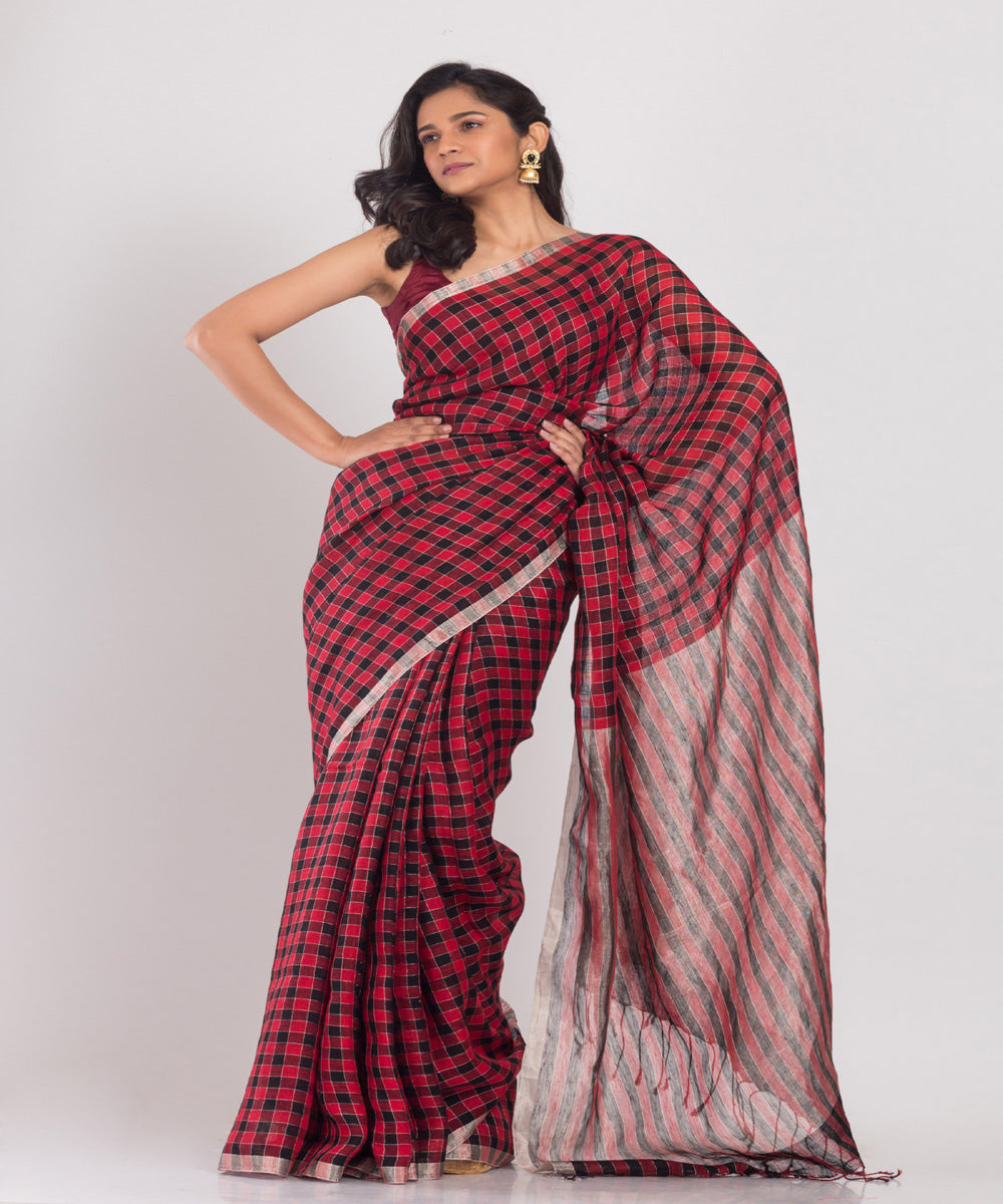 Red black checks handwoven linen sari